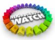 Neighborhood Watch words in 3d letters surrounded by houses or homes for an organized patrol to prevent crime, burglary and theft