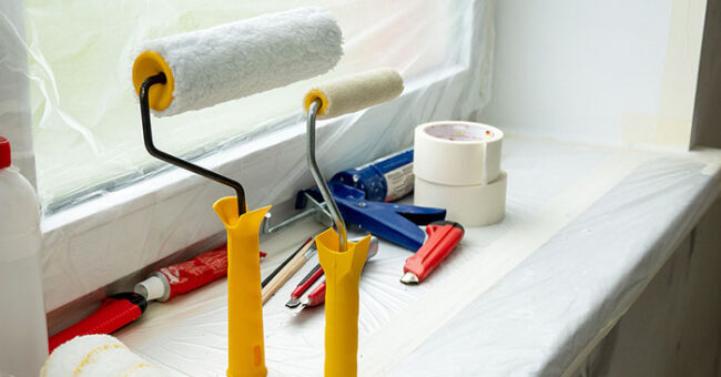 planning-paint-summer-things-cover Paint rollers will yellow handles sitting on plastic covered window sill