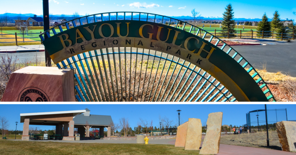 bayou gulch regional park in parker colorado sign at entrance and view from top