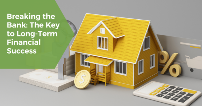 cover photo for blog on long term financial success using real estate. photo of yellow house with calculator and money symbols