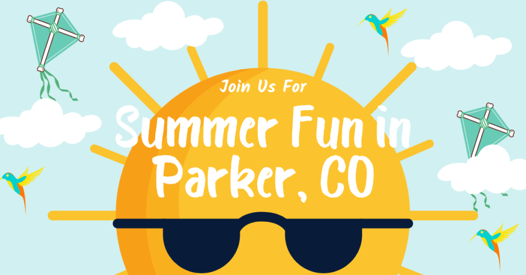 blog cover photo for summer fun with parker co with a large sun wearing sunglasses and kites around it