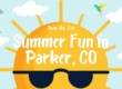 blog cover photo for summer fun with parker co with a large sun wearing sunglasses and kites around it