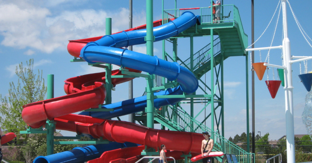 Photo of the blue and red slides at O'Brien Pool in Parker colorado