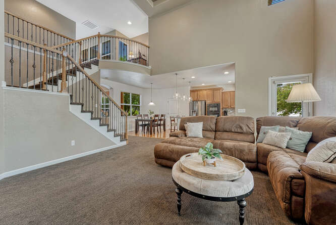 20 foot ceilings in family room open to kitchen