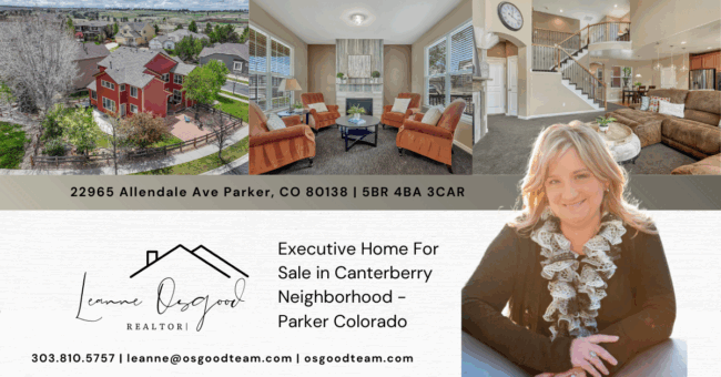 blog cover with photo collage of a home for sale in canterberry neighborhood in parker co with top agent leanne osgood
