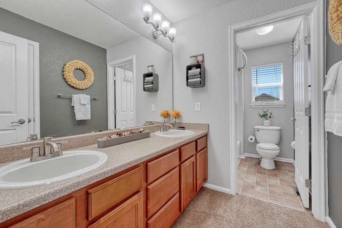 guest bath with double sinks and separate toilet/shower room