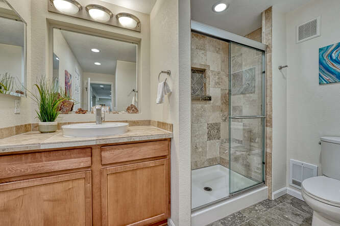 custom stone shower surround and raised sink on vanity